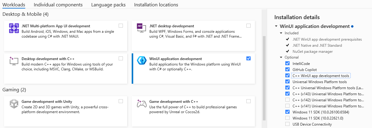 Una schermata dell'interfaccia utente del programma di installazione di Visual Studio con il pacchetto di sviluppo applicazioni WinUI selezionato.