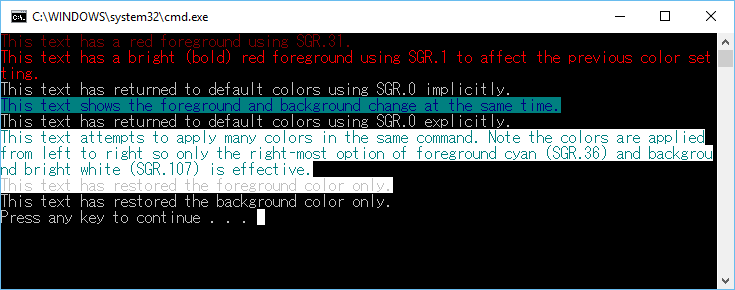 output della console usando il comando sgr