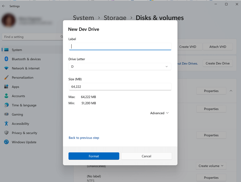 Screenshot delle impostazioni di Dev Drive: etichetta, lettera dell'unità e dimensioni