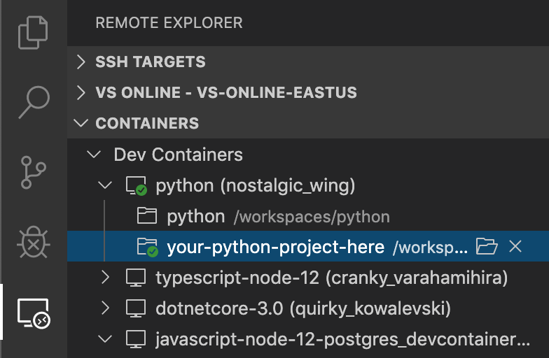 screenshot del menu del contenitore VSCode