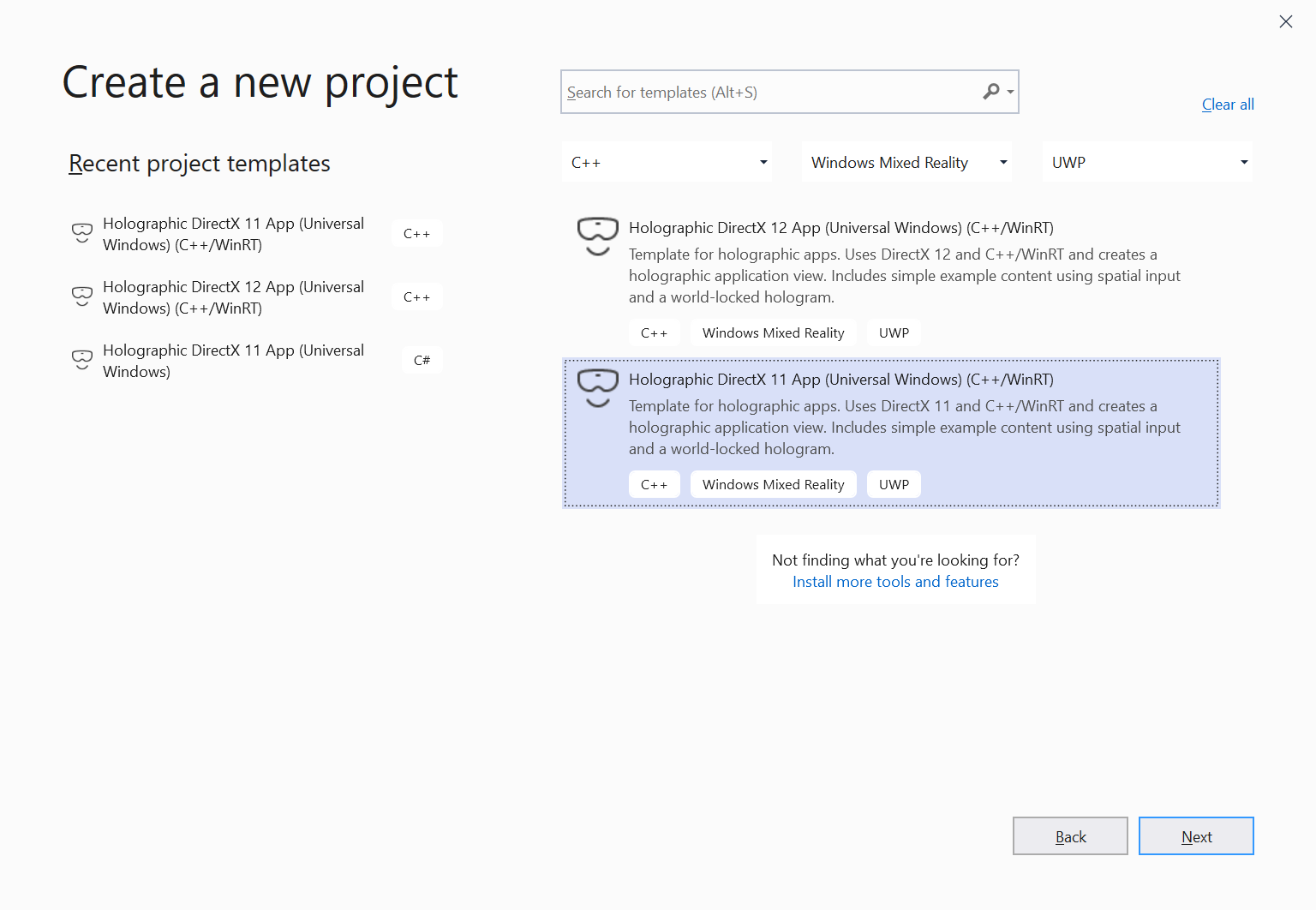 Screenshot del modello di progetto di app UWP Holographic DirectX 11 C++/WinRT in Visual Studio 2019
