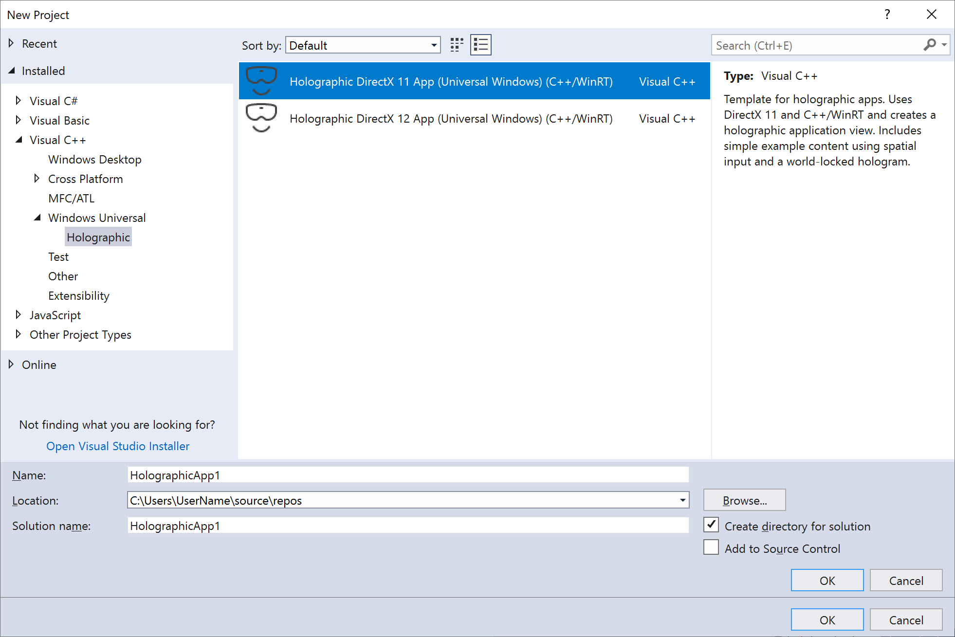 Screenshot del modello di progetto di app UWP Holographic DirectX 11 C++/WinRT in Visual Studio 2017