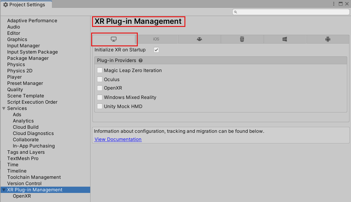 Screenshot della finestra Impostazioni progetto aperta nella scheda Gestione plug-in XR e PC, Mac & Linux autonomo.