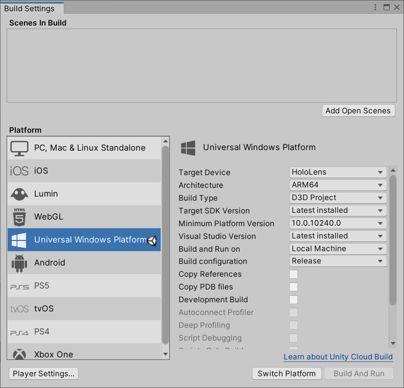 Screenshot della finestra Build Settings (Impostazioni di compilazione) aperta nell'editor unity con piattaforma UWP (Universal Windows Platform) evidenziata.