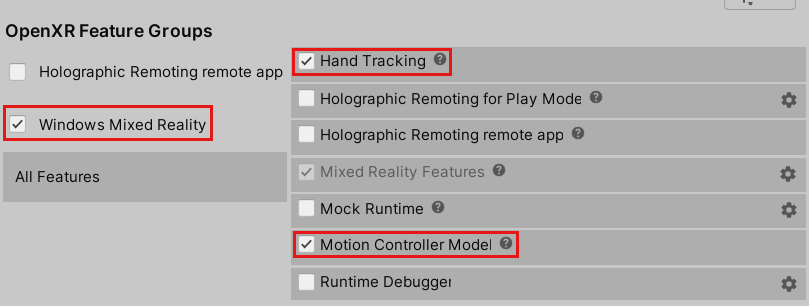 Screenshot dei gruppi di funzionalità OpenXR per la scheda Desktop VR.