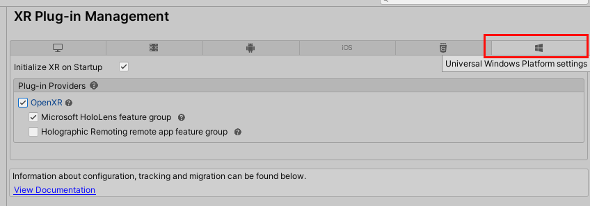 Screenshot che mostra la XR-Plug nella finestra Gestione con la scheda piattaforma UWP (Universal Windows Platform) selezionata.