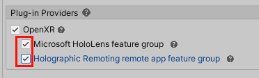 Screenshot che mostra il plug-in OpenXr con l'opzione 
