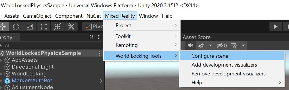 Editor unity con il menu Realtà mista Toolkit selezionato