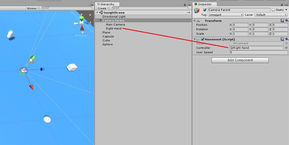 Screenshot che mostra i pannelli Gerarchia e Controllo. Una linea collega la mano destra su entrambi i pannelli.