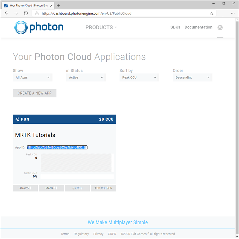 Pagina dell'applicazione Photon con l'ID app selezionato