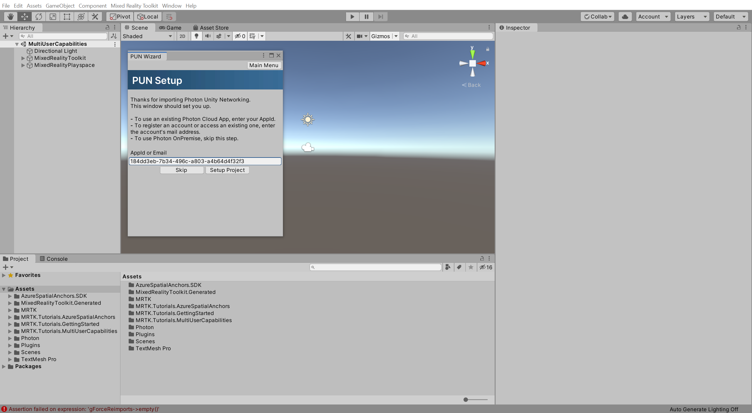 Finestra di installazione di Unity PUN con AppId compilato
