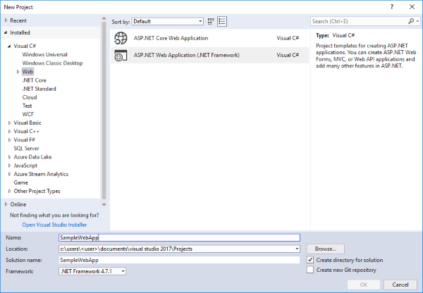 Screenshot della creazione di un nuovo progetto Web