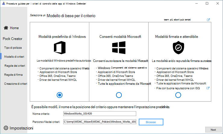 Selezione di un modello di base per i criteri.
