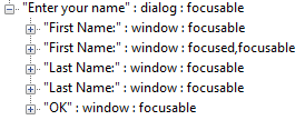 screenshot dello strumento esploratore accessibile che mostra una corretta gerarchia di oggetti del modulo di immissione del nome