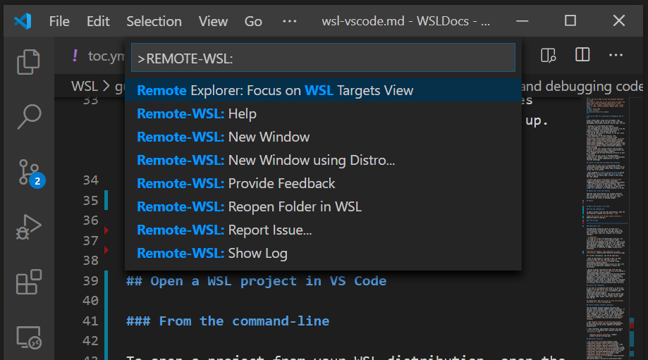 Riquadro comandi di VS Code