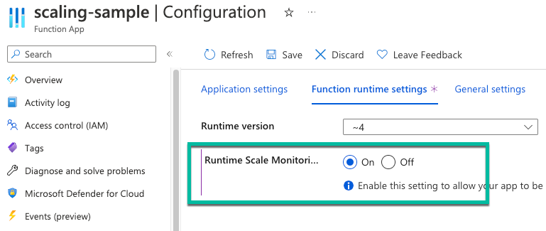 Azure Functions のランタイム駆動型スケーリングを有効にする方法のスクリーンショット