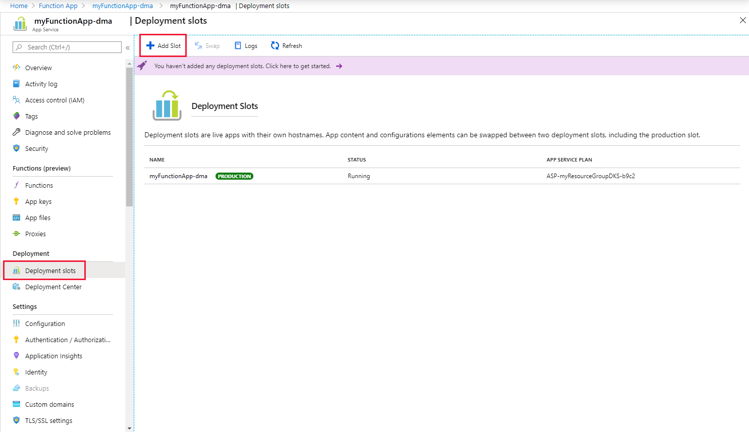Azure Functions デプロイ スロットの追加を示すスクリーンショット。