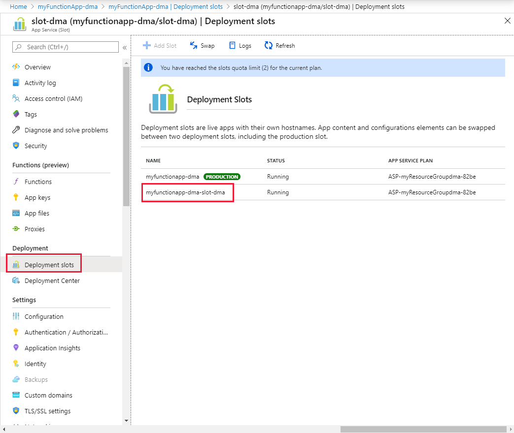 Azure portal のデプロイ スロットを示すスクリーンショット。