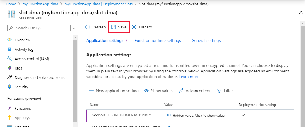 デプロイ スロットの設定を保存する方法を示すスクリーンショット。