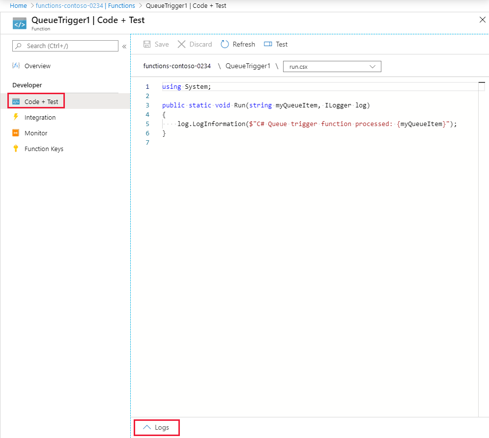 ログからのメッセージが表示された [コード + テスト] ページを示すスクリーンショット。