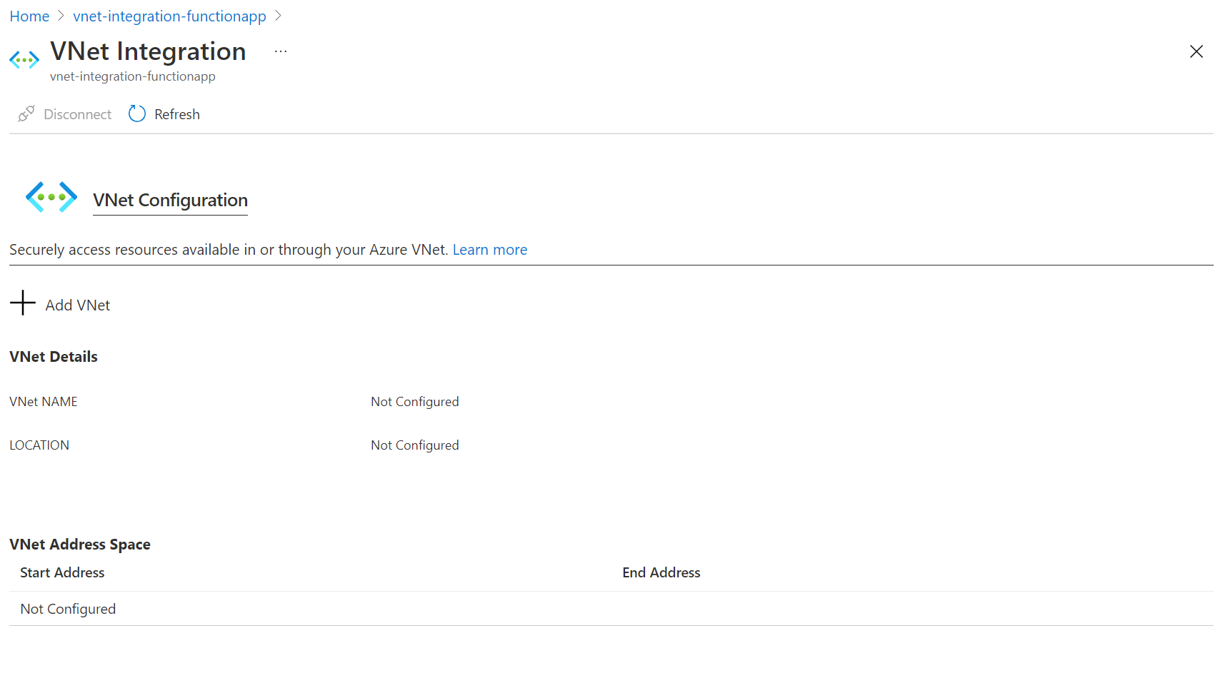 アプリで仮想ネットワーク統合を有効にできる仮想ネットワーク統合ページのスクリーンショット。
