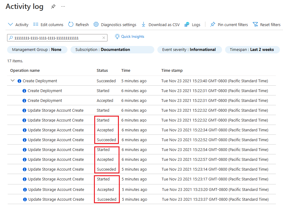 デプロイされた 3 つのストレージ アカウントが順番に、タイムスタンプと状態と共に表示された Azure portal アクティビティ ログのスクリーンショット。