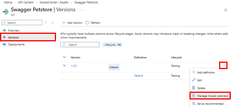 ポータルでの認証構成と API バージョンの関連付けのスクリーンショット。