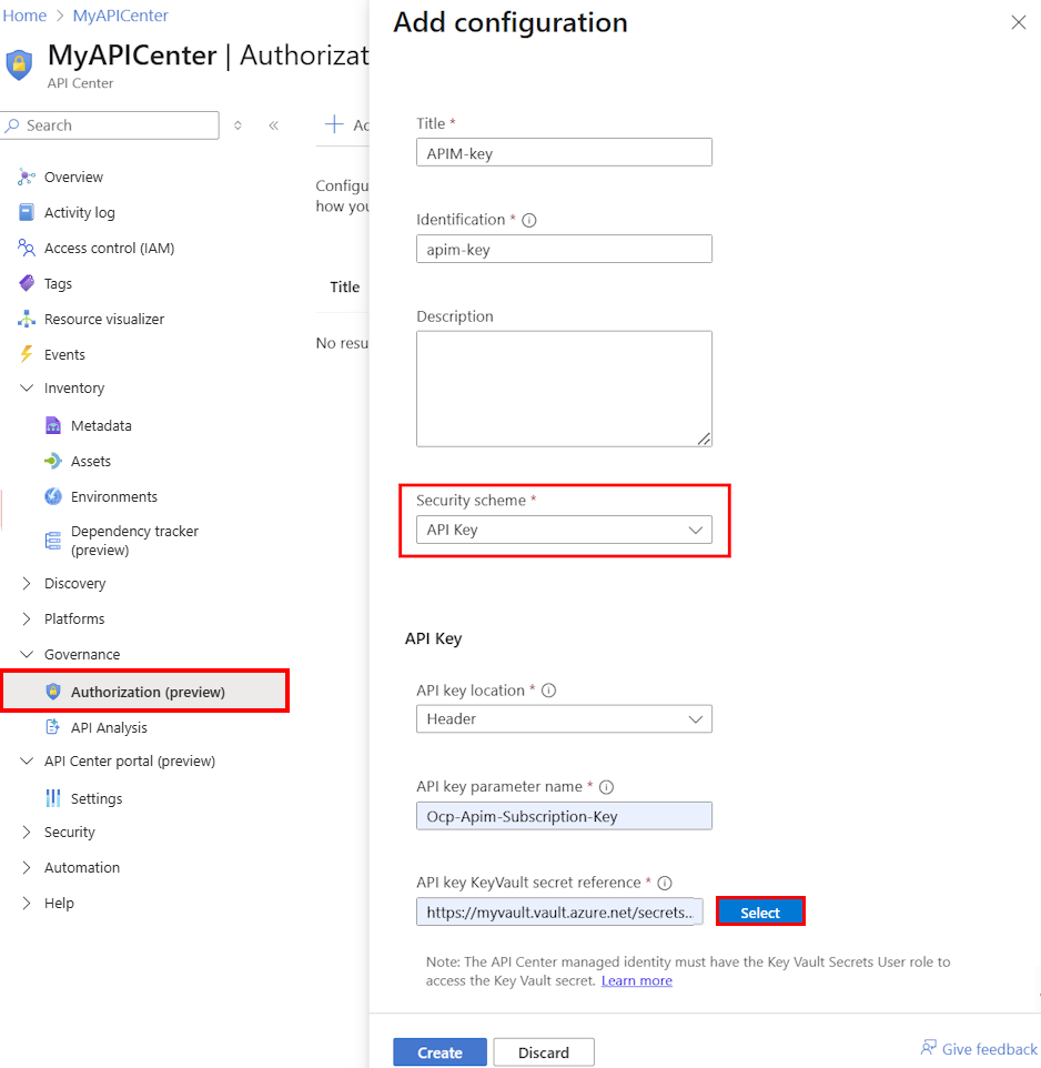 ポータルでの API キーの構成のスクリーンショット。