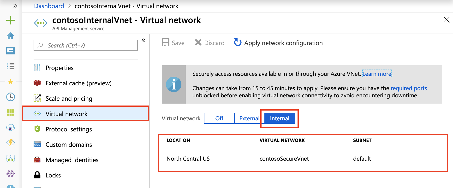  Azure ポータルで内部 VNet を設定します