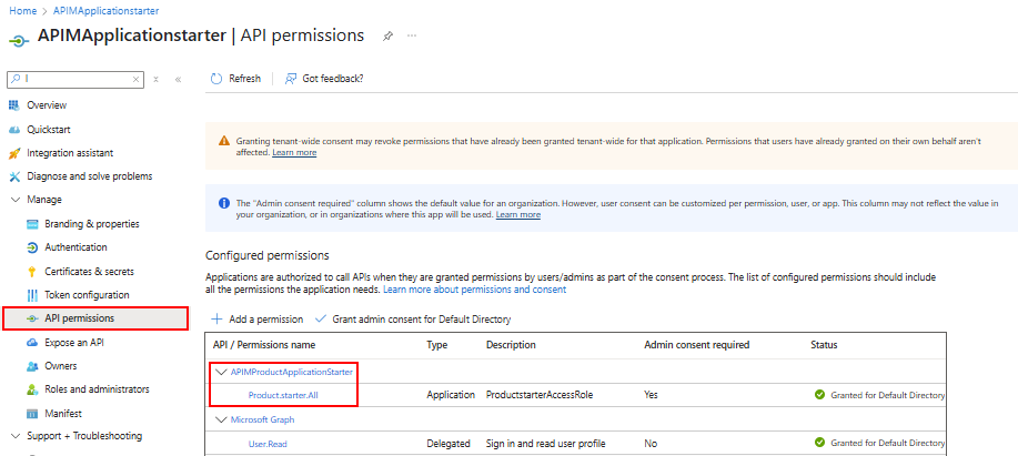 ポータルの [API のアクセス許可] のスクリーンショット。