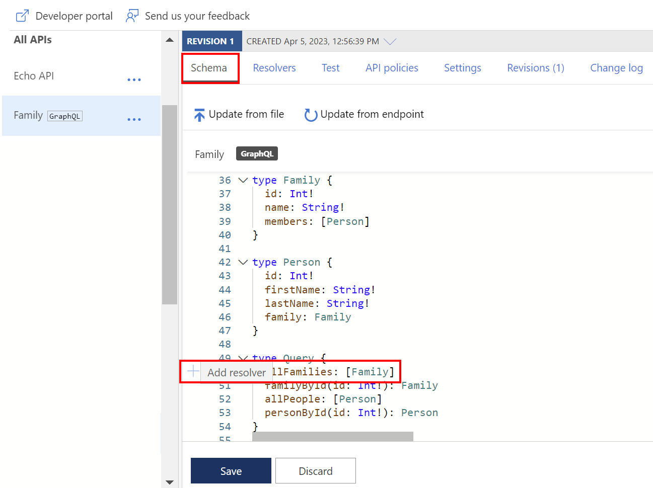 Azure portal で GraphQL スキーマのフィールドからリゾルバーを追加するスクリーンショット。