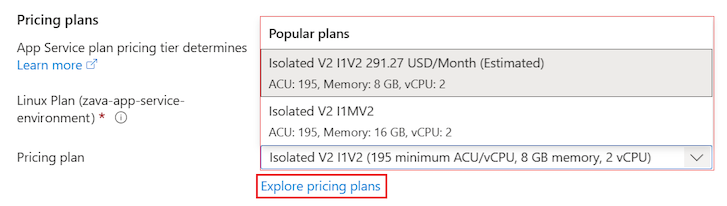 Azure portal で App Service プランの価格レベルを選択する方法を示すスクリーンショット。