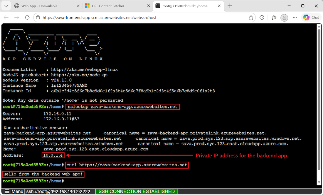 アプリ接続を検証する方法を示す SSH セッションのスクリーンショット。
