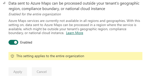 Azure Maps に送信されたデータは、テナントの地理的リージョン、コンプライアンス境界、または国内クラウド インスタンスの外部で処理できることを示すスクリーンショット。