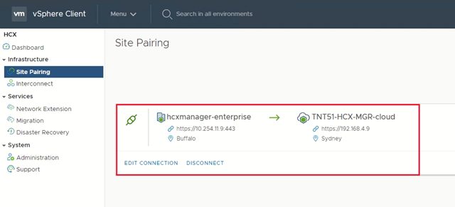 サイト ペアリングが強調表示されている VMware HCX ダッシュボードを示すスクリーンショット。
