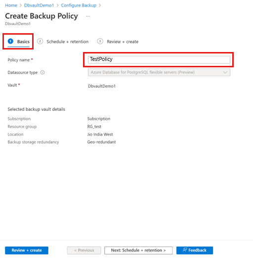 バックアップ ポリシー名を指定する方法を示すスクリーンショット。