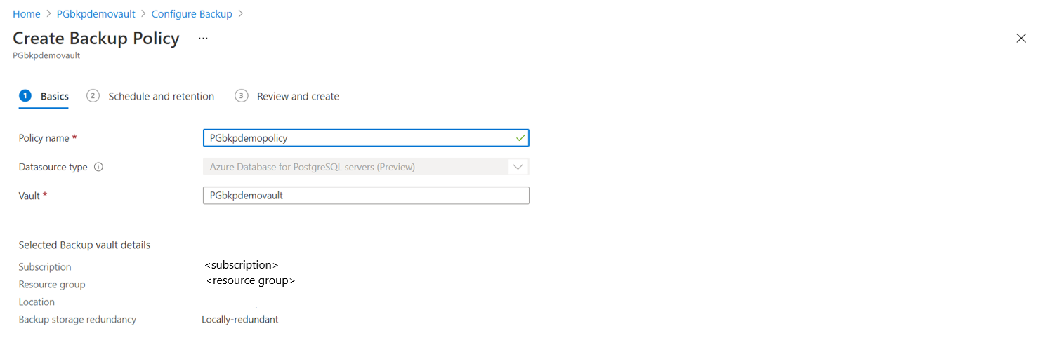 バックアップ ポリシーを作成するためのウィンドウのポリシー名のボックスを示すスクリーンショット。