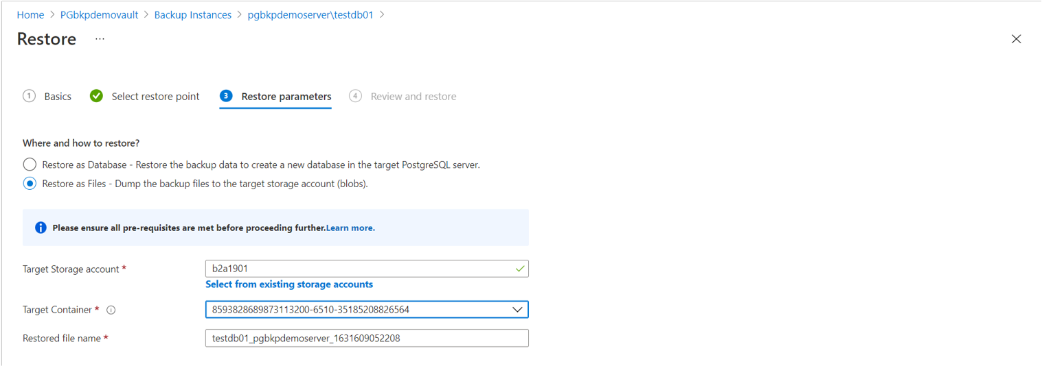 ファイルとして復元するために選択したオプションを示すスクリーンショット。