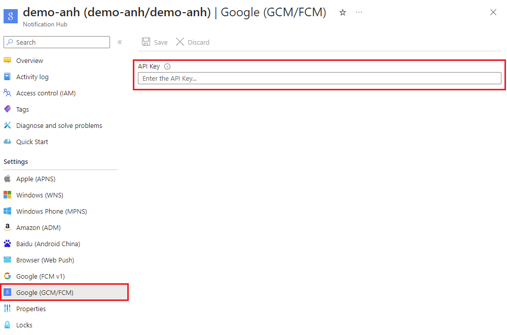 Azure portal の設定から GCM/FCM のレガシ資格情報を削除する方法のスクリーンショット。