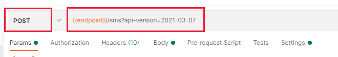 種類が POST に設定され、URL が正しく設定された Postman 要求を示すスクリーンショット。