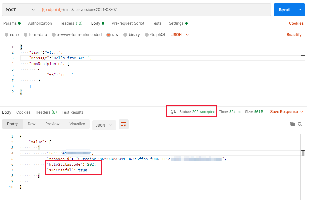 202 状態コードで正常に送信された Postman 要求を示すスクリーンショット。