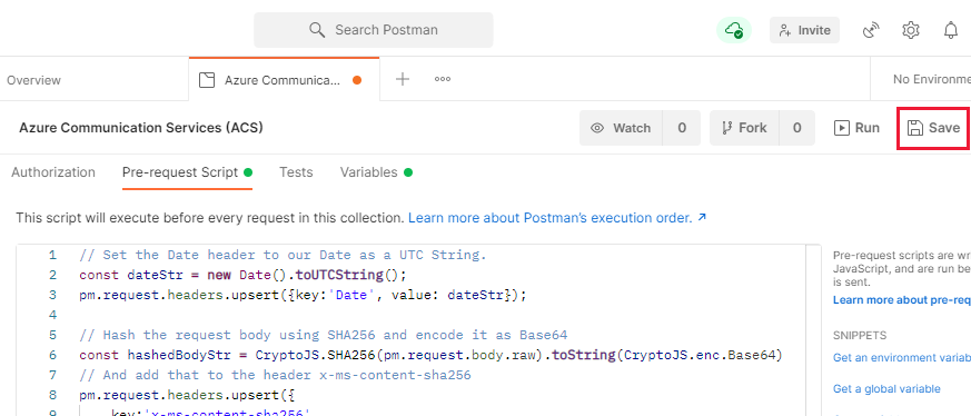 Postman prerequest スクリプトの [保存] ボタンを示すスクリーンショット。