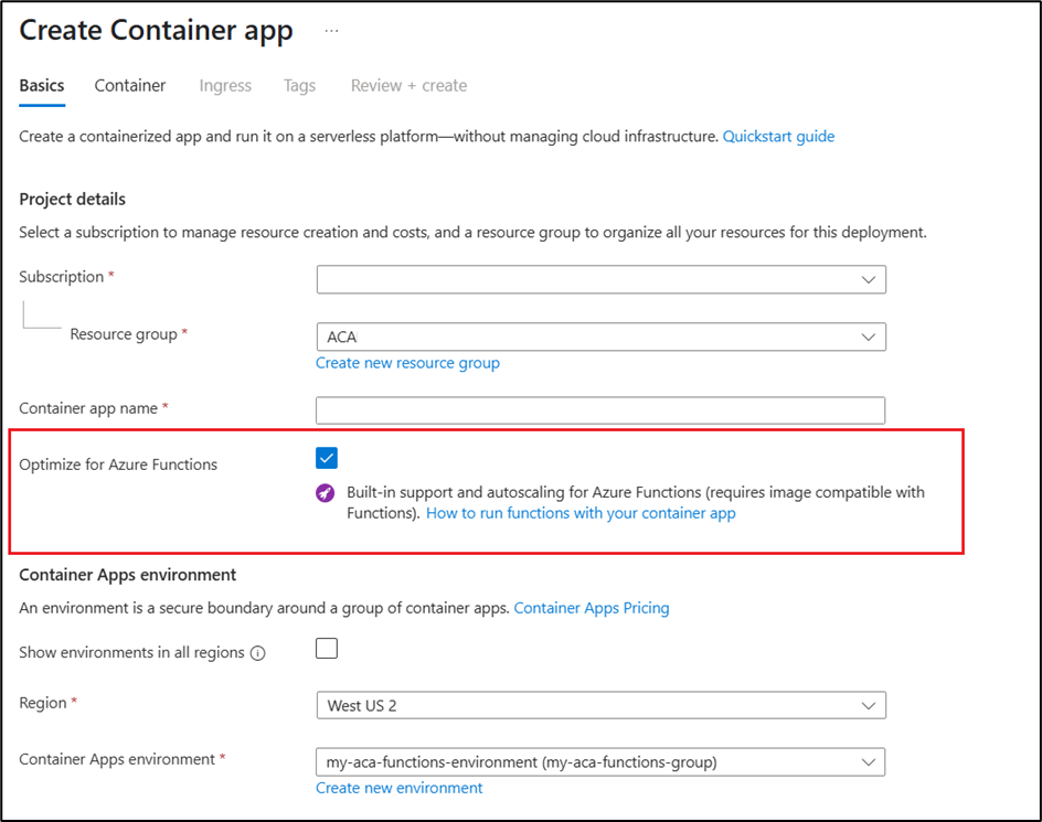 Azure Functions 用に事前構成されたコンテナー アプリを作成するときの Azure portal のスクリーンショット。