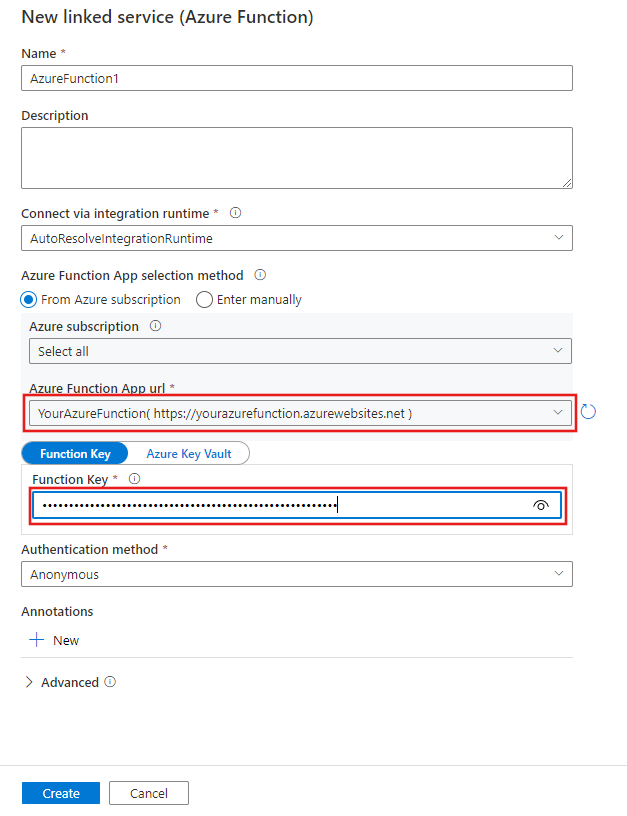 新しいAzure関数のリンクされたサービス作成ウィンドウのスクリーンショット.