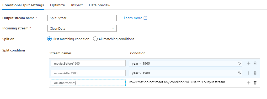 上で説明したように、選択項目を含む Conditional Split UI を示しています。