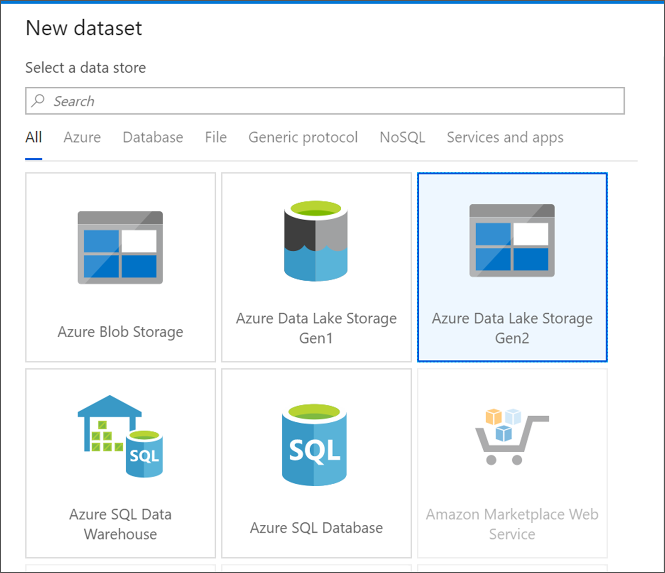Azure Data Lake Storage Gen2 タイルがどこにあるかを示すスクリーンショット