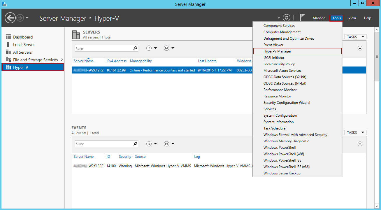 サーバー マネージャーで Hyper-V Manager を選択する