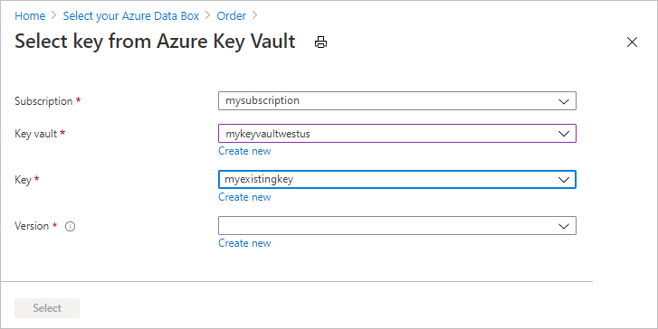 Data Box エクスポート注文の [セキュリティ] タブでカスタマー マネージド キーを提供するために既存の Azure Key Vault を使用するときに使用されるオプションの画面キャプチャ。