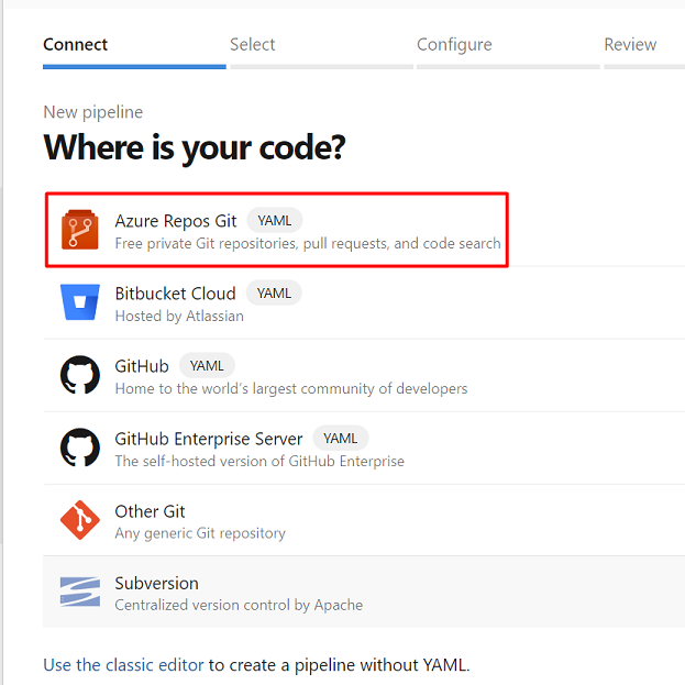 移動先を示すスクリーンショット。Azure リポジトリ git を選択します。