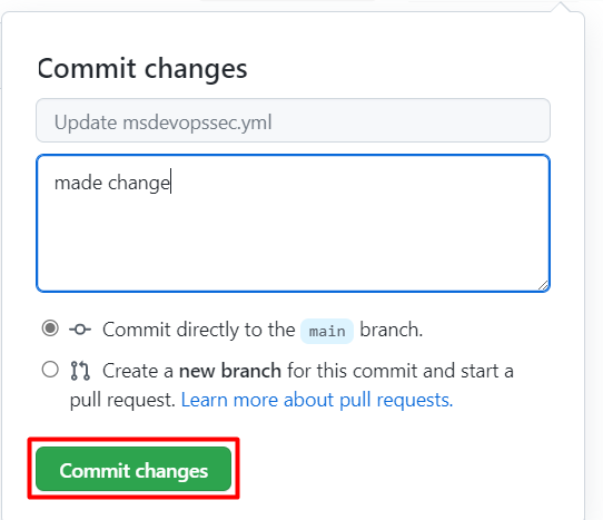 GitHub ページで [変更のコミット] を選択する場所を示すスクリーンショット。